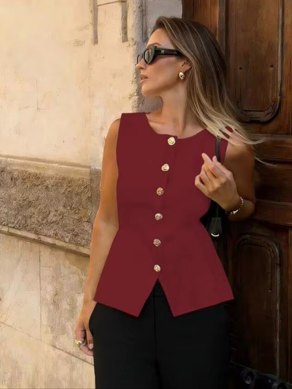Sleeveless Button Front Vest in Burgundy